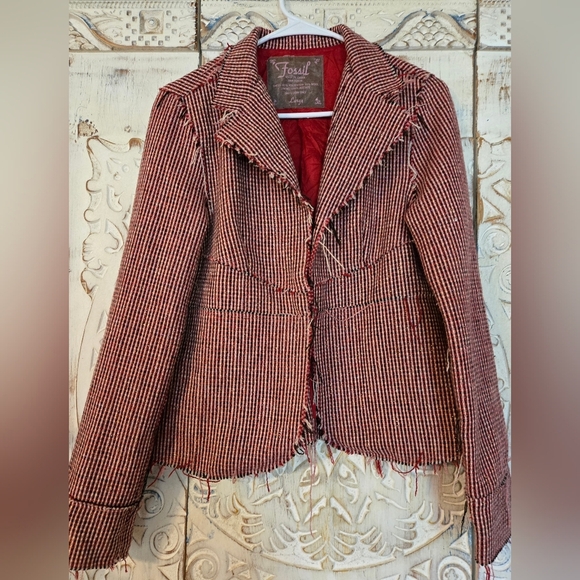 Womens Fossil Vintage Fitted Blazer Red Striped Raw Edges Layering Large - Picture 2 of 8